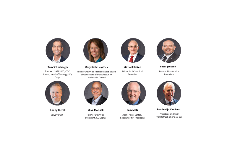 Eight professional headshots in a grid, each with a name and title underneath. The people are dressed in business attire, representing various roles such as CEO, COO, President, and Vice President.