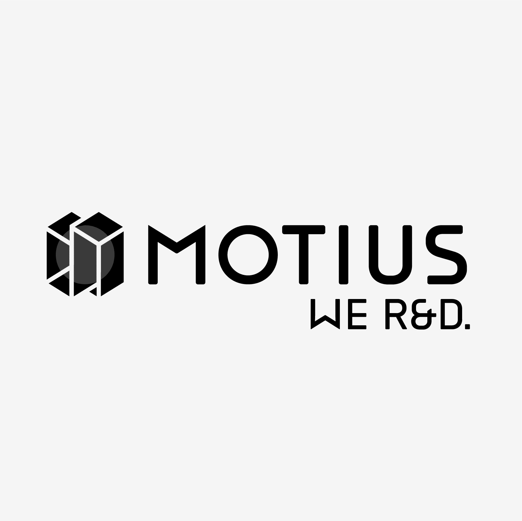 Black geometric cube logo beside the word MOTIUS in bold, modern font, with the phrase WE R&D. in smaller text below and to the right, all on a light gray background. EFESO Management Consultants