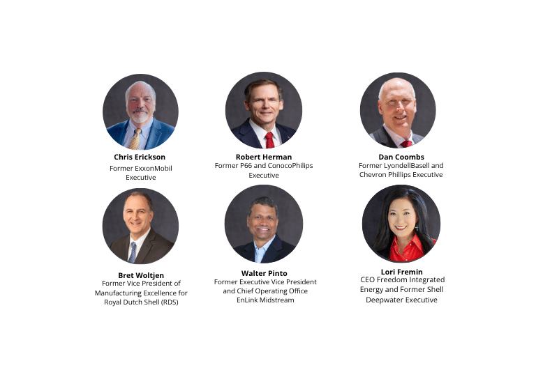 Six executive headshots in two rows. Top row: Chris Erickson, Robert Herman, Dan Coombs. Bottom row: Bret Woltjen, Walter Pinto, Lori Fremin, each with brief titles and former employer names below their photos. EFESO Management Consultants